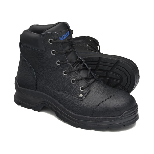 WORKWEAR, SAFETY & CORPORATE CLOTHING SPECIALISTS Black print leather lace up safety boot with padded collar and ¾ bellows tongue
