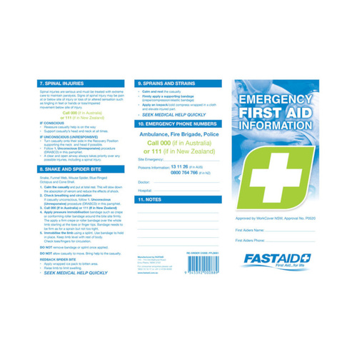 WORKWEAR, SAFETY & CORPORATE CLOTHING SPECIALISTS EMERGENCY FIRST AID INFORMATION BOOKLET, BASIC, DL SIZE, 50PK