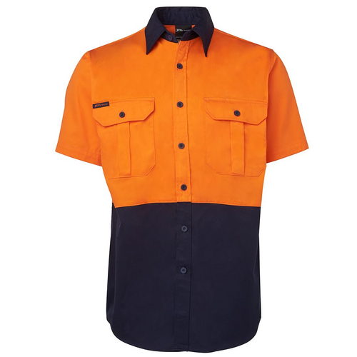 WORKWEAR, SAFETY & CORPORATE CLOTHING SPECIALISTS JB's Hi Vis Lightweight (150G) Two Tone Short Sleeve Shirt-Orange / Navy-L