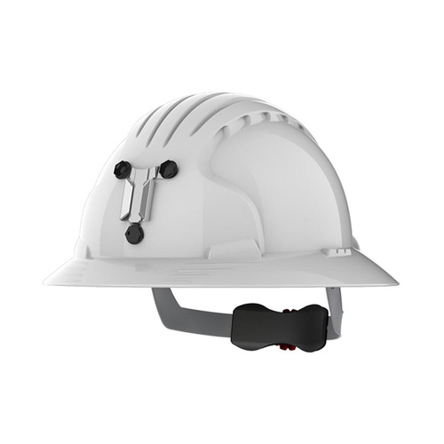 WORKWEAR, SAFETY & CORPORATE CLOTHING SPECIALISTS - EVO 6100 Full Brim Unvented Hard Hat with Miners Cap Attachment White