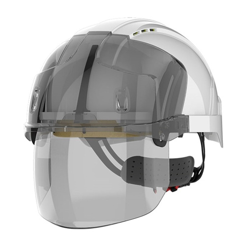WORKWEAR, SAFETY & CORPORATE CLOTHING SPECIALISTS - EVO VISTA SHIELD VENTED WHITE/SMOKE HELMET - WHEEL RATCHET  - CLEAR VISOR