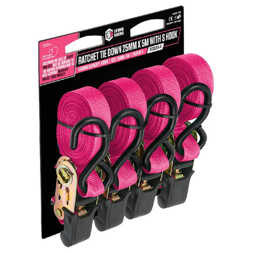 WORKWEAR, SAFETY & CORPORATE CLOTHING SPECIALISTS - Pink Ratchet Tiedown 25mm x 5m with S Hook - 4 Pack