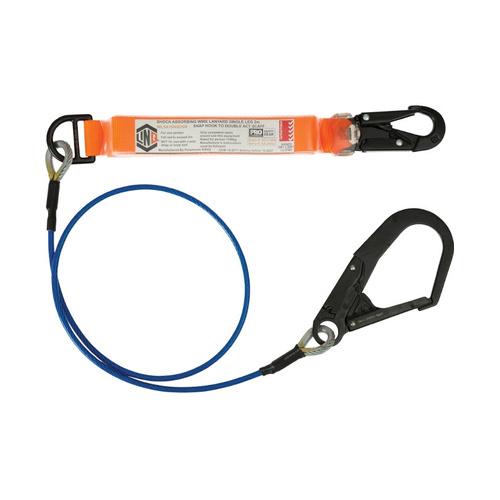 WORKWEAR, SAFETY & CORPORATE CLOTHING SPECIALISTS - Elite Single Leg Shock Absorbing 2M Wire Rope Lanyard with Hardware SN & SD
