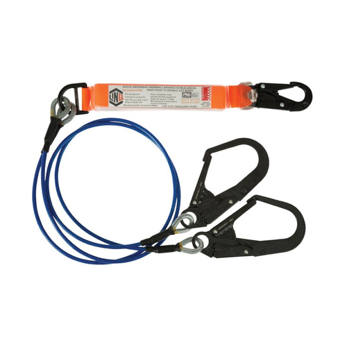 WORKWEAR, SAFETY & CORPORATE CLOTHING SPECIALISTS - Elite Double Leg Shock Absorbing 2M Wire Rope Lanyard with Hardware SN & SD X2