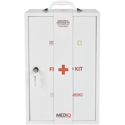 WORKWEAR, SAFETY & CORPORATE CLOTHING SPECIALISTS DISCONTINUED - MEDIQ ESSENTIAL FIRST AID KIT WORKPLACE RESPONSE IN WHITE METAL WALL CABINET 1-25 PERSONS HIGH RISK