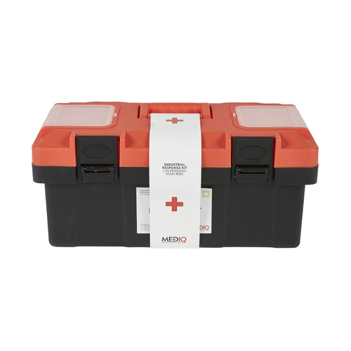 WORKWEAR, SAFETY & CORPORATE CLOTHING SPECIALISTS - DISCONTINUED - MEDIQ ESSENTIAL FIRST AID KIT WORKPLACE RESPONSE IN ORANGE/BLACK PLASTIC TACKLE BOX 1-25 PERSONS HIGH RISK