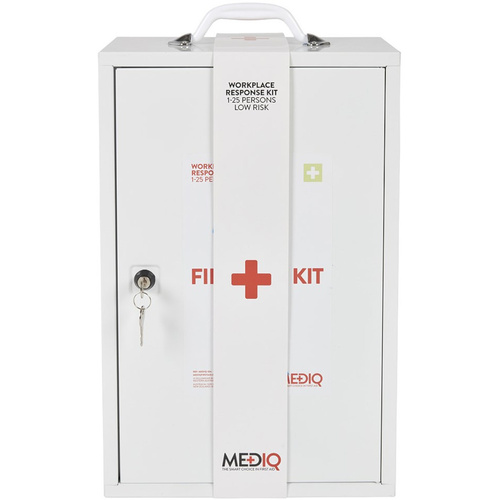 WORKWEAR, SAFETY & CORPORATE CLOTHING SPECIALISTS DISCONTINUED - MEDIQ ESSENTIAL FIRST AID KIT WORKPLACE RESPONSE IN WHITE METAL WALL CABINET LOW RISK 1-25 PERONS