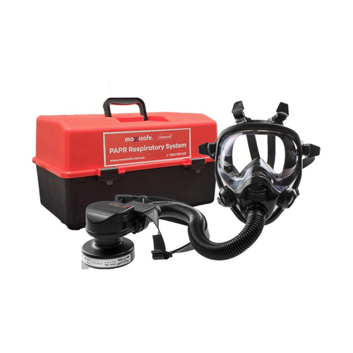 WORKWEAR, SAFETY & CORPORATE CLOTHING SPECIALISTS - CleanAir PAPR with Full Face Mask - Belt Mounted Includes: RGX02 Facemask, Li-ion Battery, Comfort Belt, Flex hose and fittings & Recharger