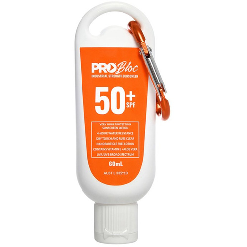 WORKWEAR, SAFETY & CORPORATE CLOTHING SPECIALISTS PROBLOC SPF 50 + Sunscreen 60mL Squeeze Bottle with Carabiner (MOQ 6)