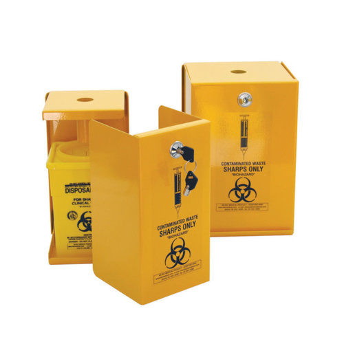 WORKWEAR, SAFETY & CORPORATE CLOTHING SPECIALISTS - SHARPS METAL SAFE, 5L, YELLOW ARMOUR, INCLUDES 2 SQUARE 5L PLASTIC SHARPS CONTAINERS