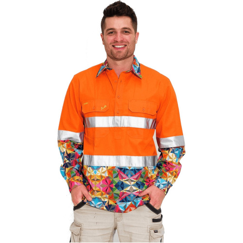 WORKWEAR, SAFETY & CORPORATE CLOTHING SPECIALISTS - MENS FRACTAL HI VIS DAY/ NIGHT ORANGE 1/2 PLACKET WORKSHIRT