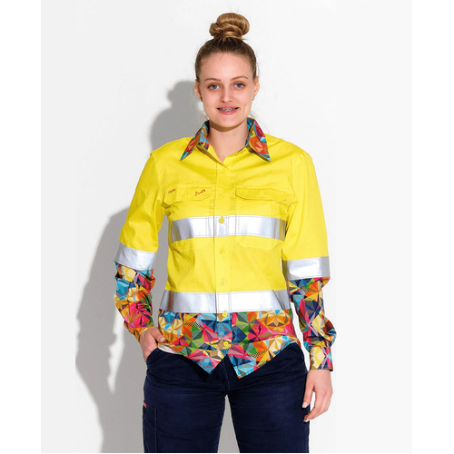 WORKWEAR, SAFETY & CORPORATE CLOTHING SPECIALISTS - WOMENS FRACTAL YELLOW HI VIS DAY/ NIGHT FULL PLACKET WORKSHIRT