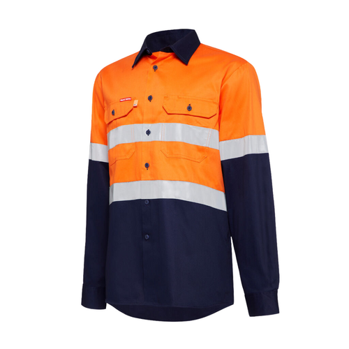 WORKWEAR, SAFETY & CORPORATE CLOTHING SPECIALISTS Foundations - Hi-Vis Two Tone Cotton Drill Shirt with 3M Tape Long Sleeve